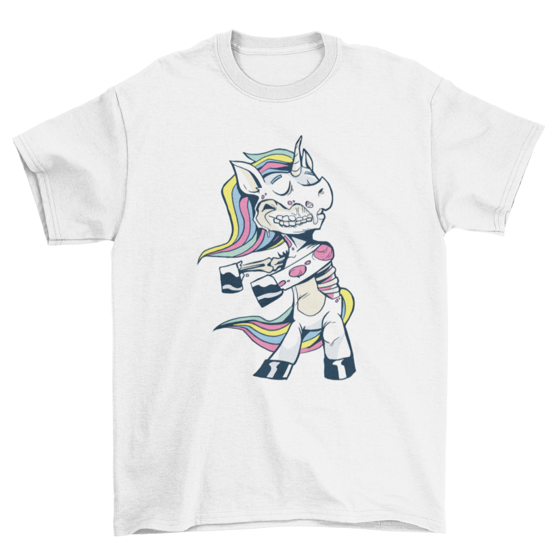 A colorful Halloween T-shirt featuring a zombie unicorn dancing the floss dance, perfect for festive celebrations.