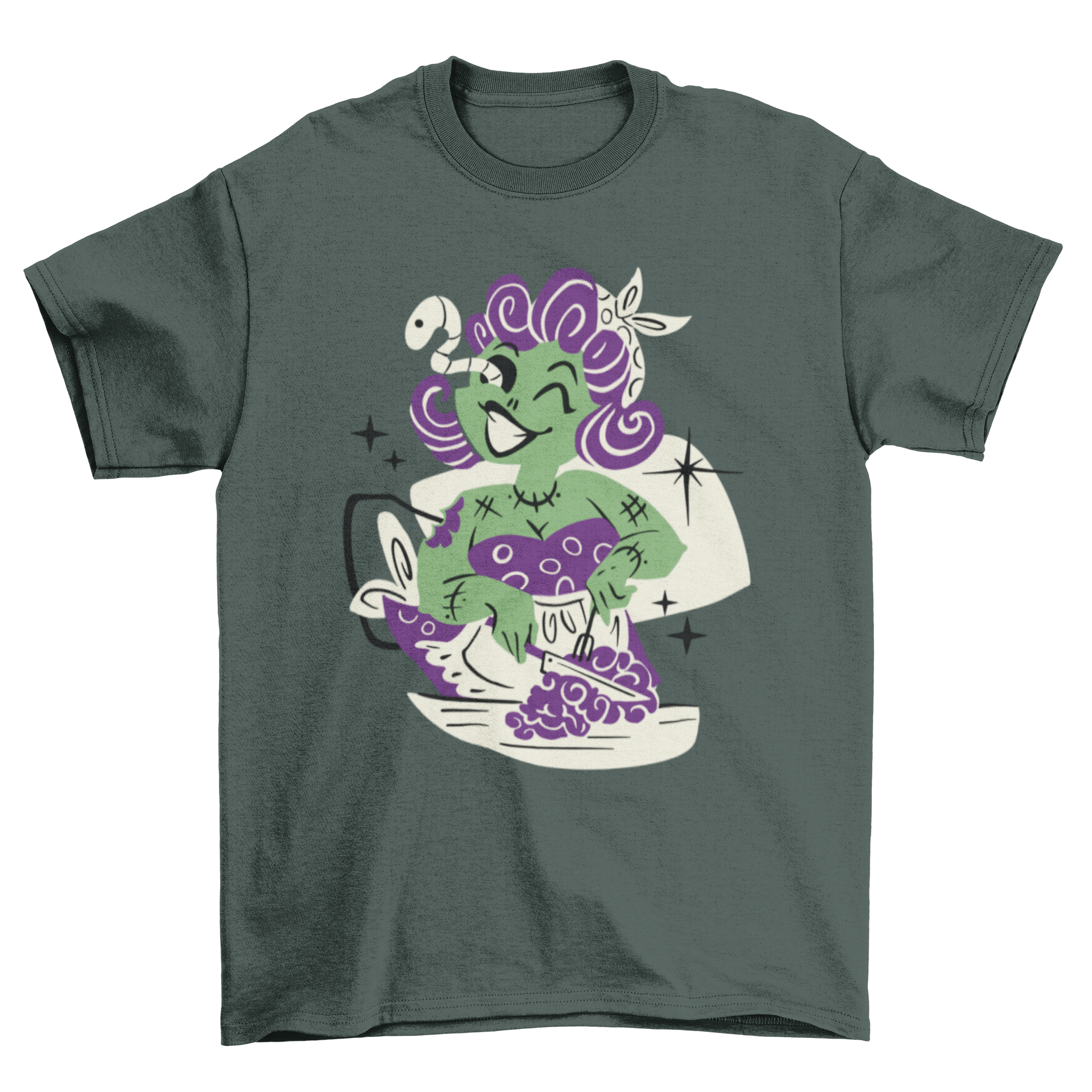 A fun t-shirt featuring a zombie woman as a housewife holding a brain dessert, perfect for Halloween.