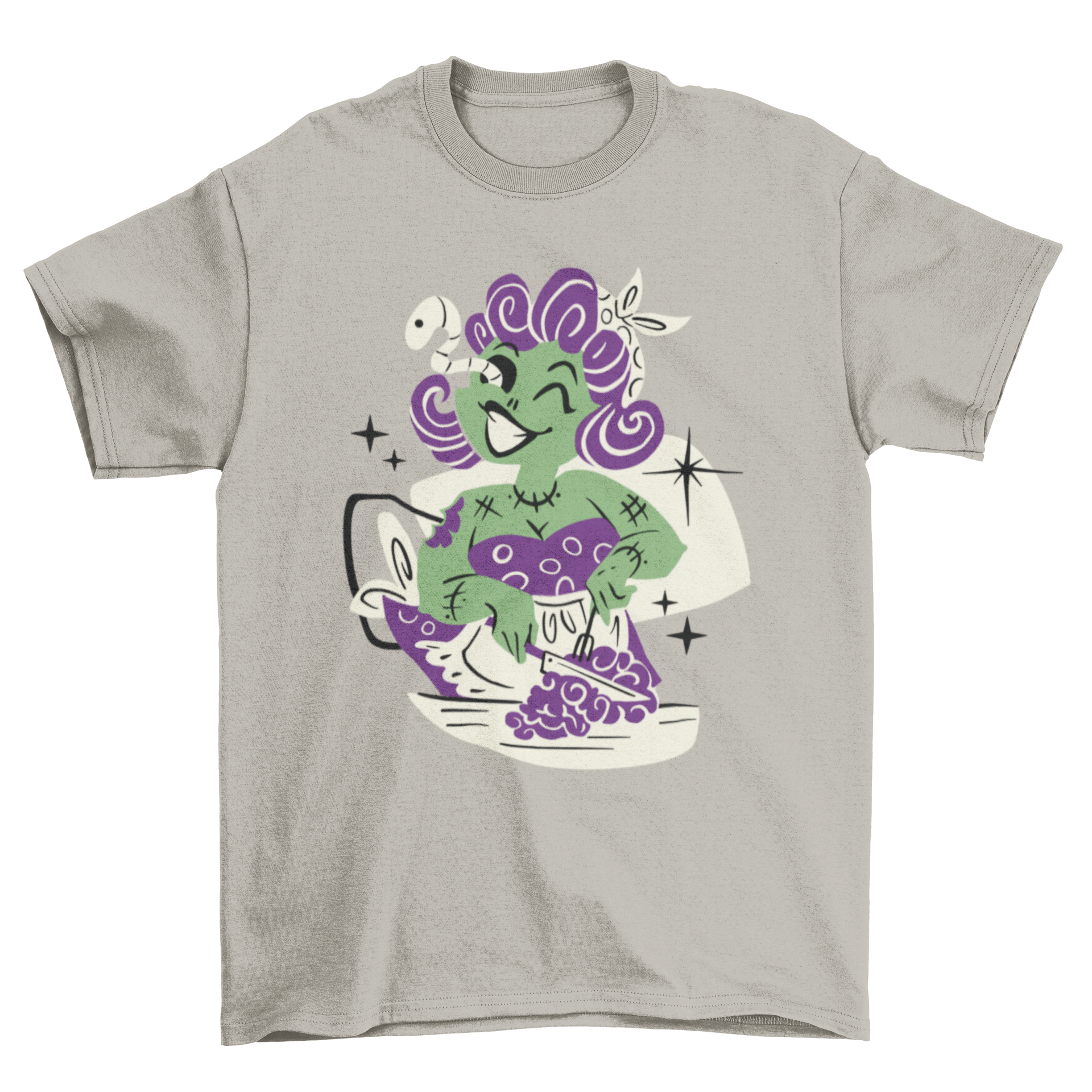 A fun t-shirt featuring a zombie woman as a housewife holding a brain dessert, perfect for Halloween.