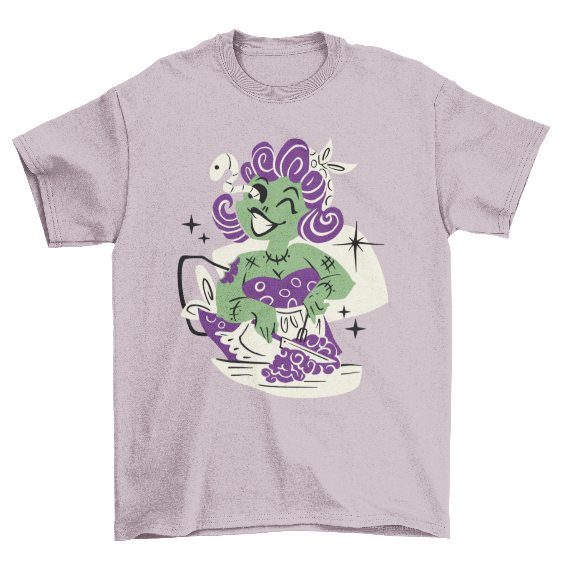 A fun t-shirt featuring a zombie woman as a housewife holding a brain dessert, perfect for Halloween.