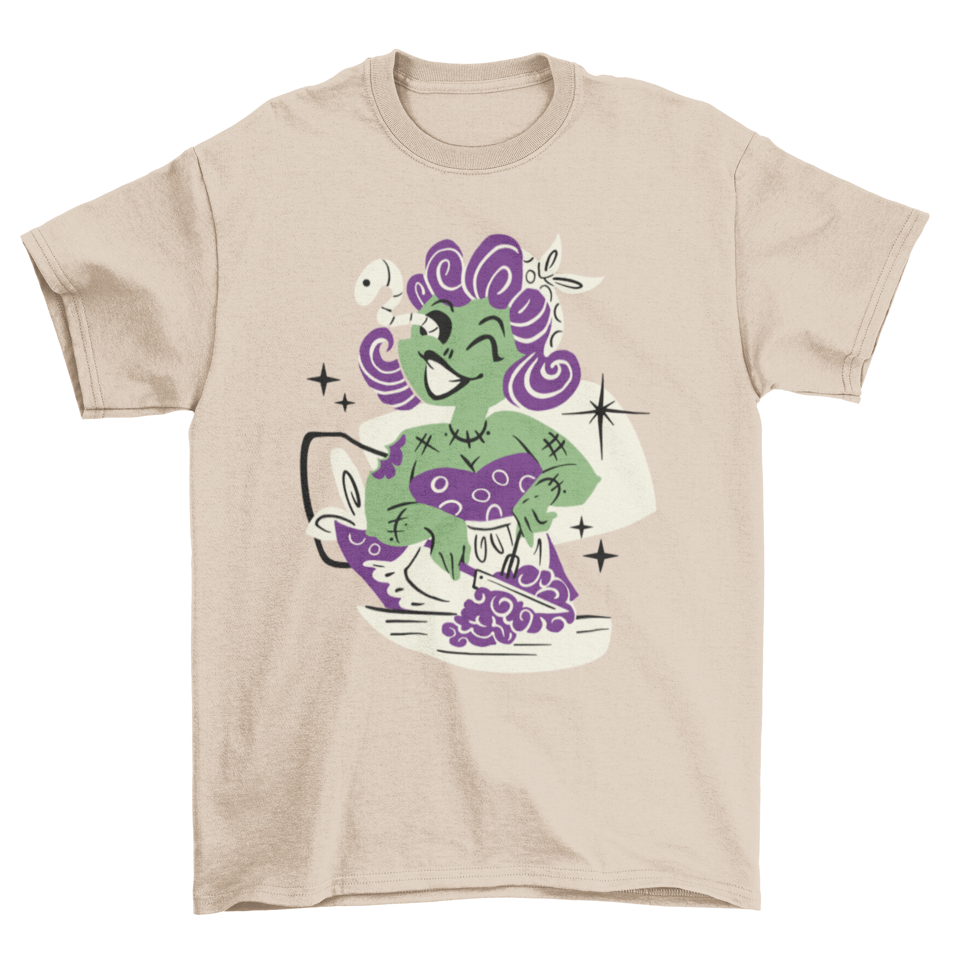 A fun t-shirt featuring a zombie woman as a housewife holding a brain dessert, perfect for Halloween.