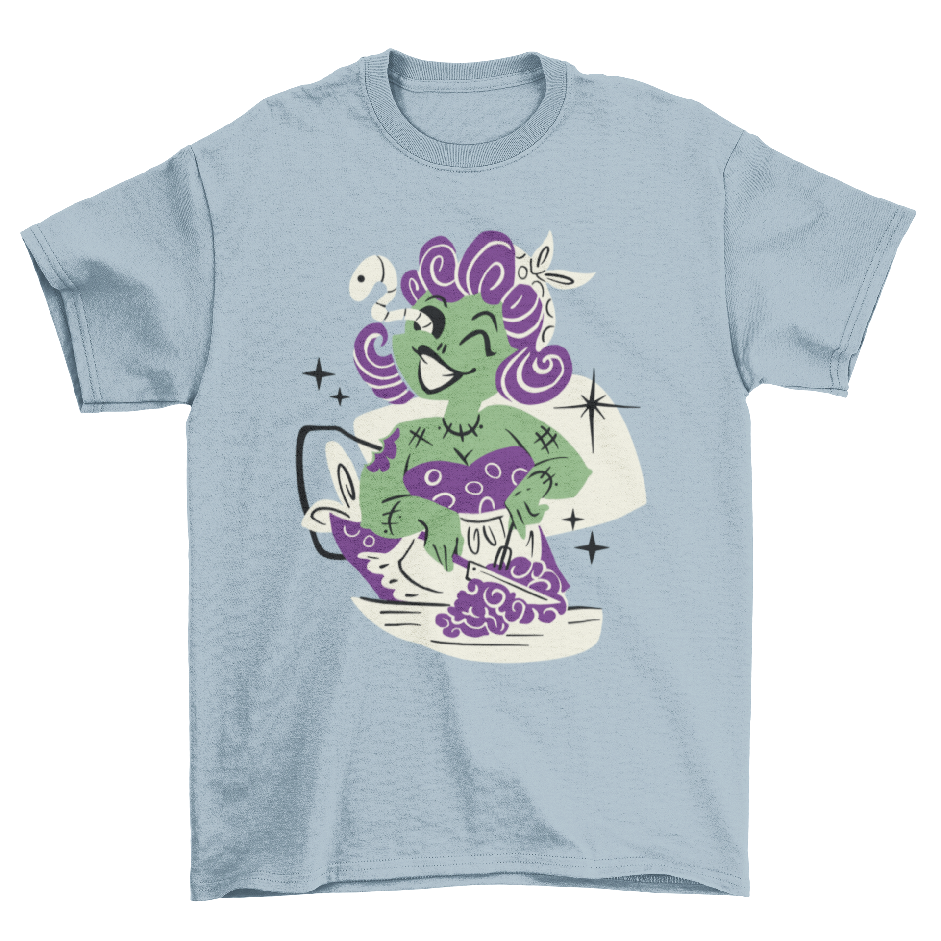 A fun t-shirt featuring a zombie woman as a housewife holding a brain dessert, perfect for Halloween.