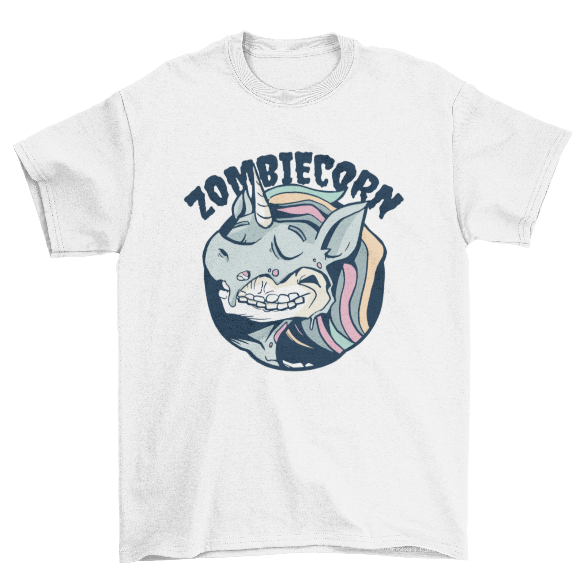 A colorful cartoon T-shirt featuring a funny zombie unicorn design, showcasing vibrant colors and playful graphics.
