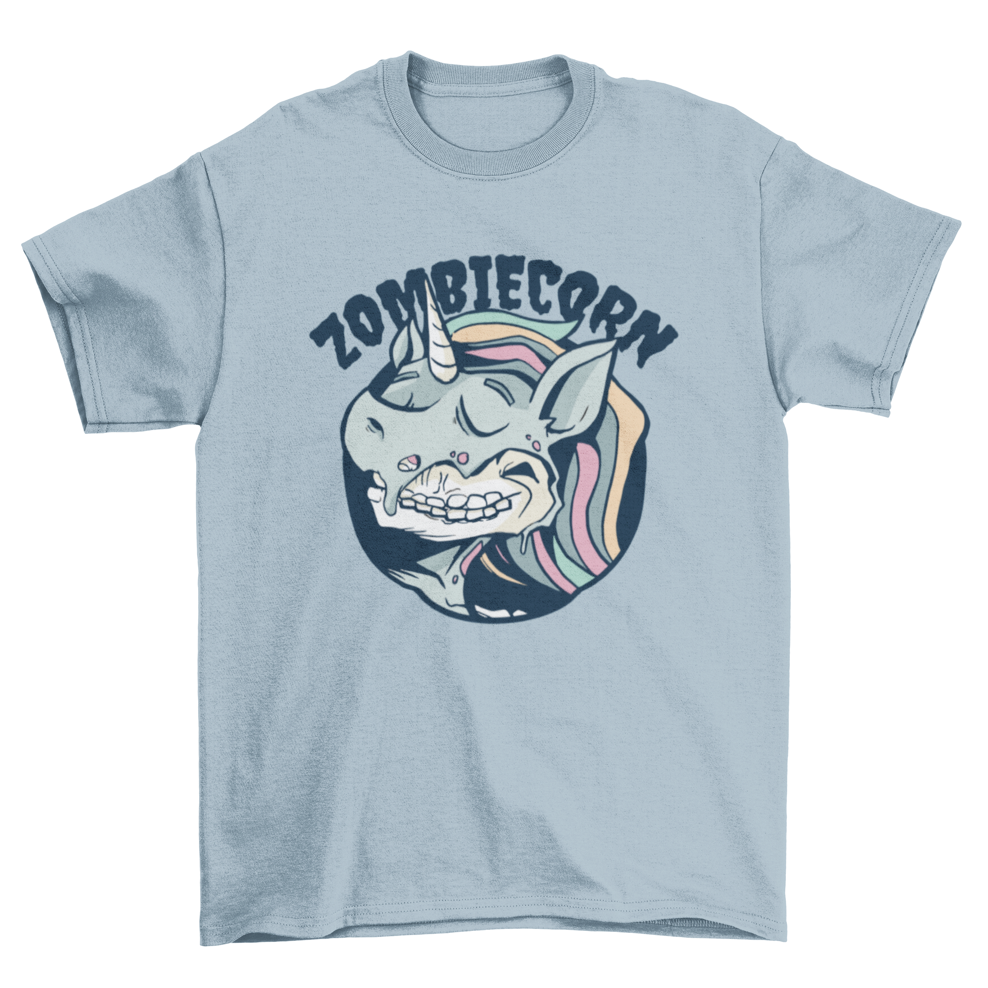 A colorful cartoon T-shirt featuring a funny zombie unicorn design, showcasing vibrant colors and playful graphics.