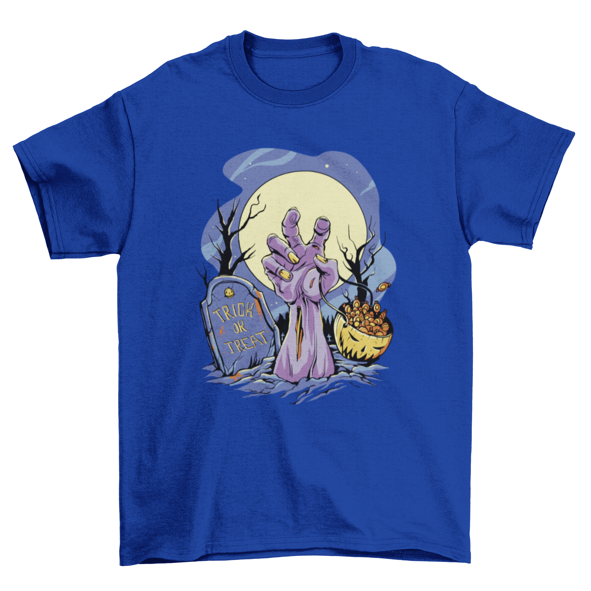 A Halloween t-shirt featuring a zombie's rotten hand emerging from the ground, designed for spooky celebrations.