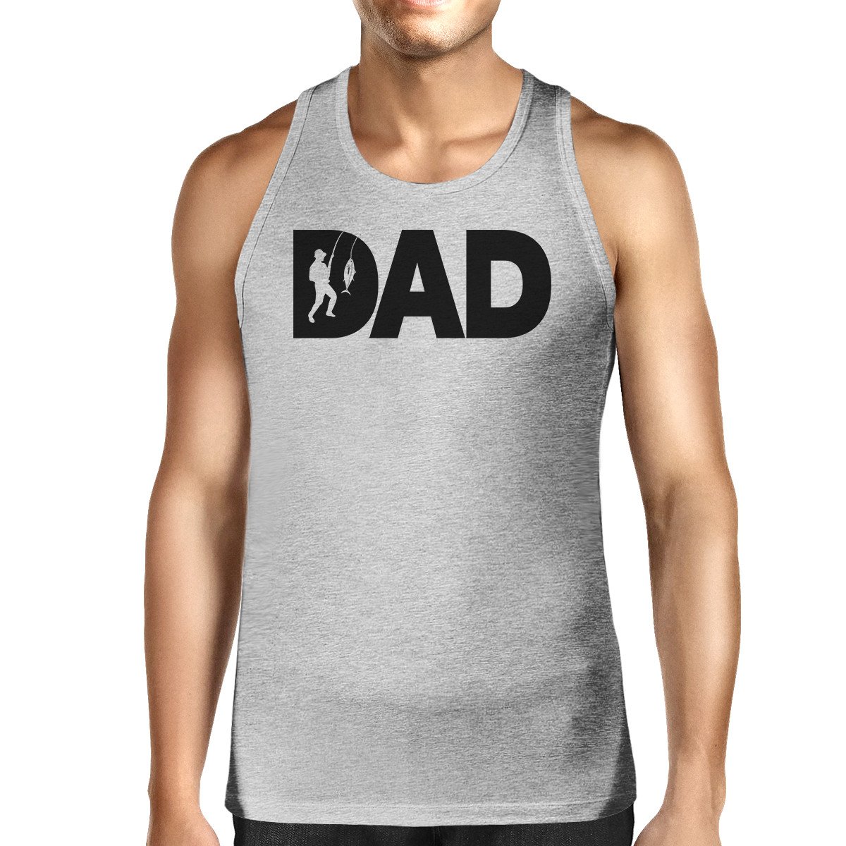 Dad Fish Men's Grey Tank Top featuring a unique graphic design, made from 100% ring spun cotton for comfort.