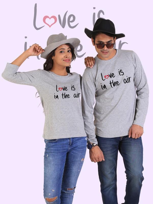 Gray couple full sleeves t-shirt featuring 'Love is in the Air' design, made from soft 100% cotton for comfort.