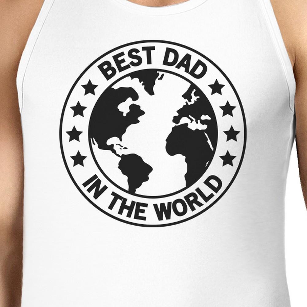 Men's white cotton tank top with 'World Best Dad' graphic design, perfect for Father's Day gifts.