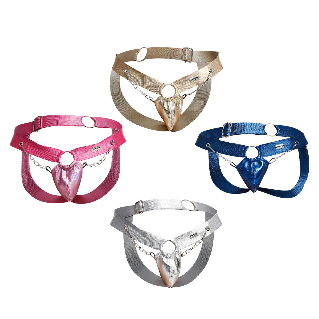 Chain Jockstrap Mirror Faux Leather by DNGEON in vibrant colors, showcasing its futuristic design and premium mirror finish.