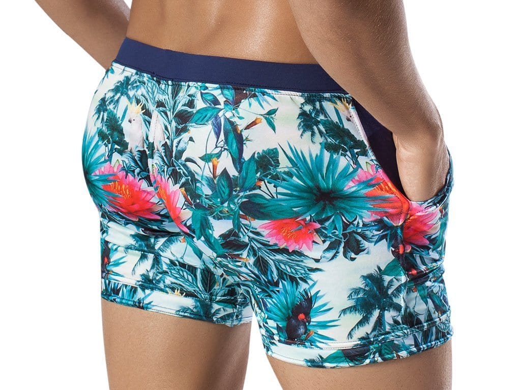 Clever CL0602 Exotic Parrot Swimsuit Trunk featuring vibrant colors and a relaxed fit, ideal for summer activities.