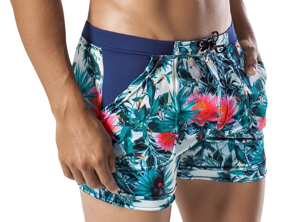 Clever CL0602 Exotic Parrot Swimsuit Trunk featuring vibrant colors and a relaxed fit, ideal for summer activities.