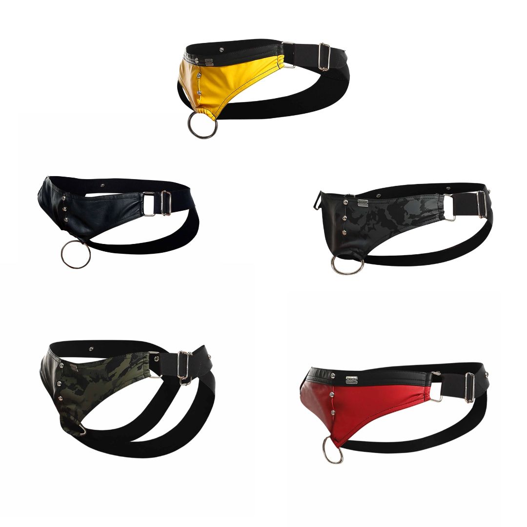 C-Ring Jockstrap Faux Leather by DNGEON featuring bold metal studs and wide straps, designed for comfort and style.