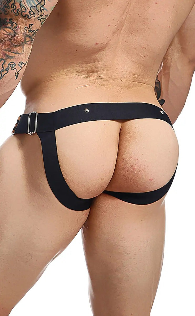 C-Ring Jockstrap Faux Leather by DNGEON featuring bold metal studs and wide straps, designed for comfort and style.