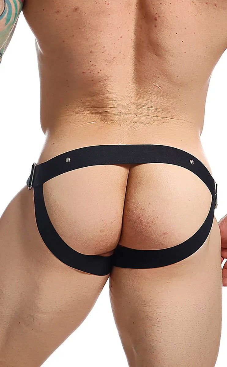 C-Ring Jockstrap Faux Leather by DNGEON featuring bold metal studs and wide straps, designed for comfort and style.