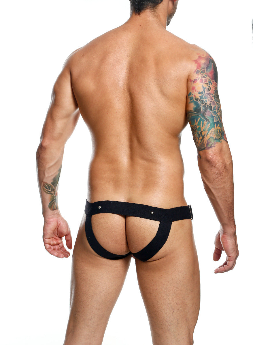 C-Ring Jockstrap Faux Leather by DNGEON featuring bold metal studs and wide straps, designed for comfort and style.