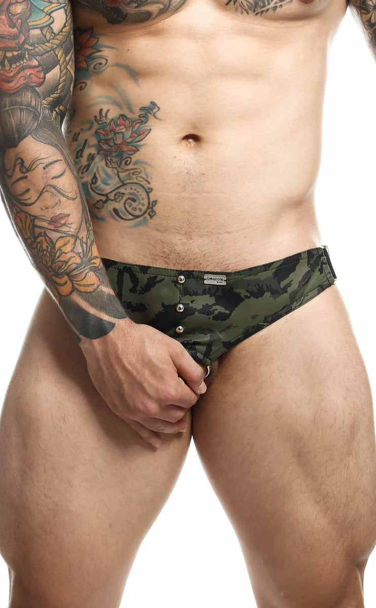 C-Ring Jockstrap Faux Leather by DNGEON featuring bold metal studs and wide straps, designed for comfort and style.