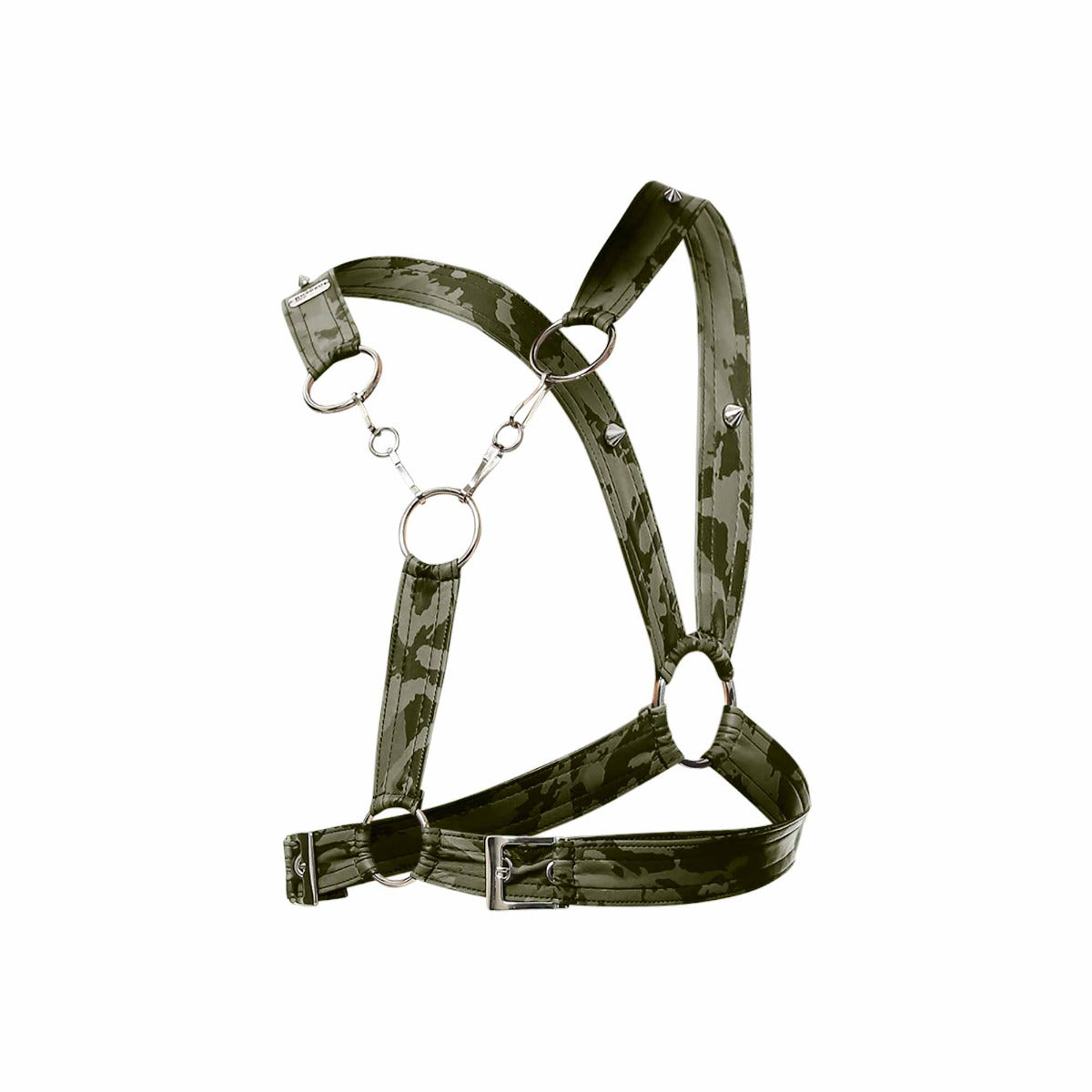 Cross Chain Harness in faux leather with metal ring details, showcasing a modern design inspired by Canadian aesthetics.