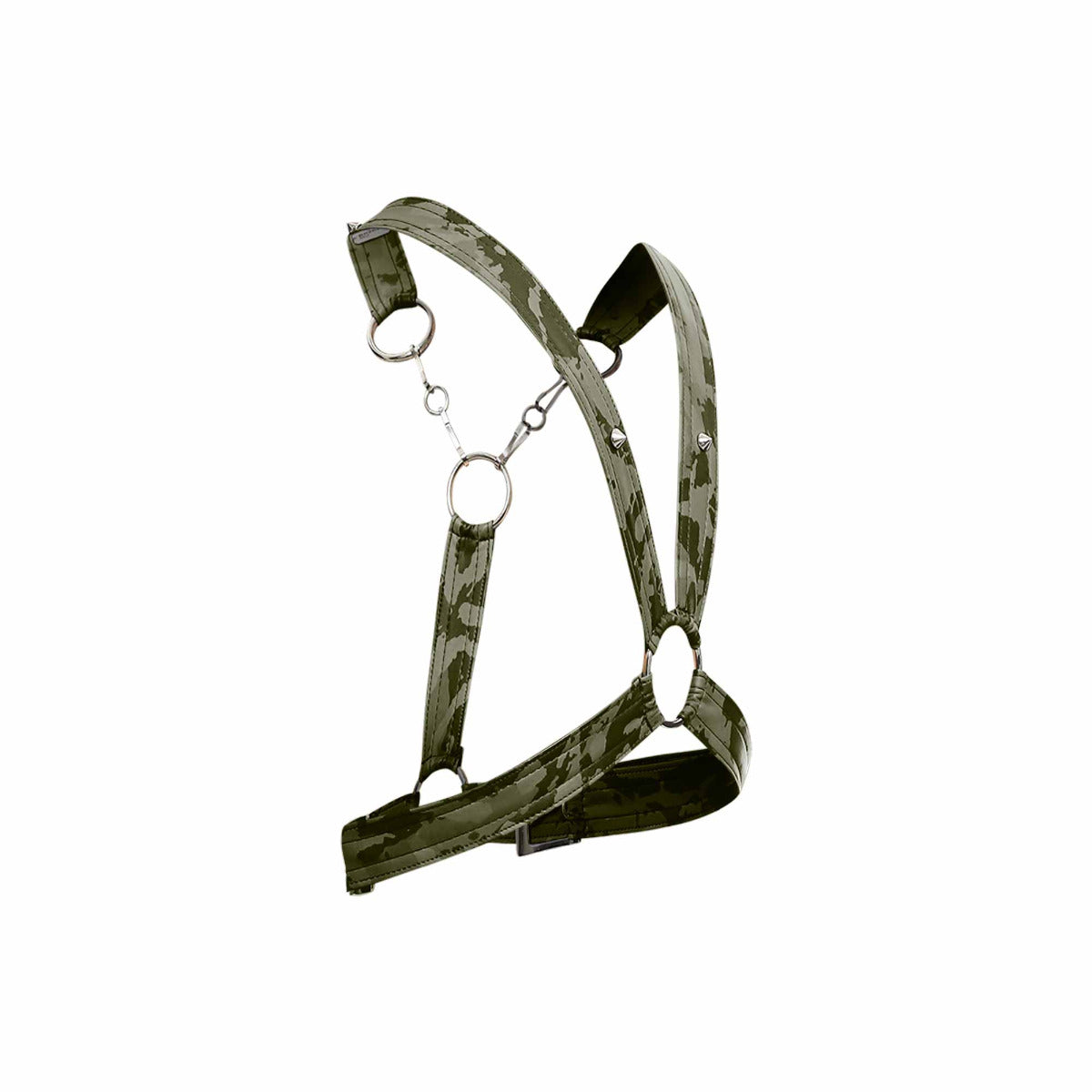 Cross Chain Harness in faux leather with metal ring details, showcasing a modern design inspired by Canadian aesthetics.