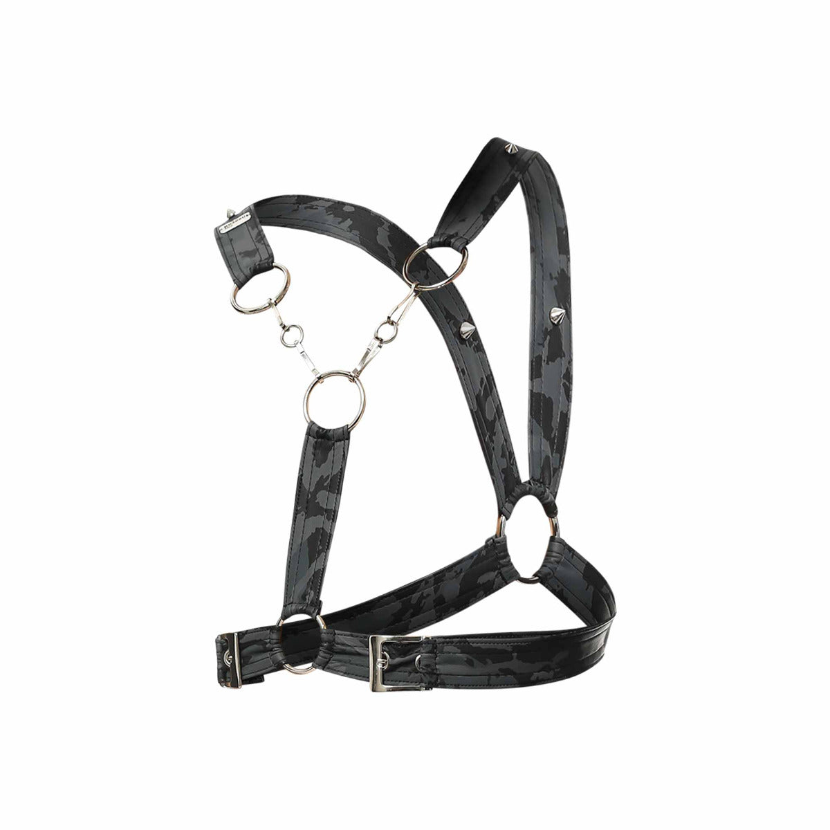 Cross Chain Harness in faux leather with metal ring details, showcasing a modern design inspired by Canadian aesthetics.