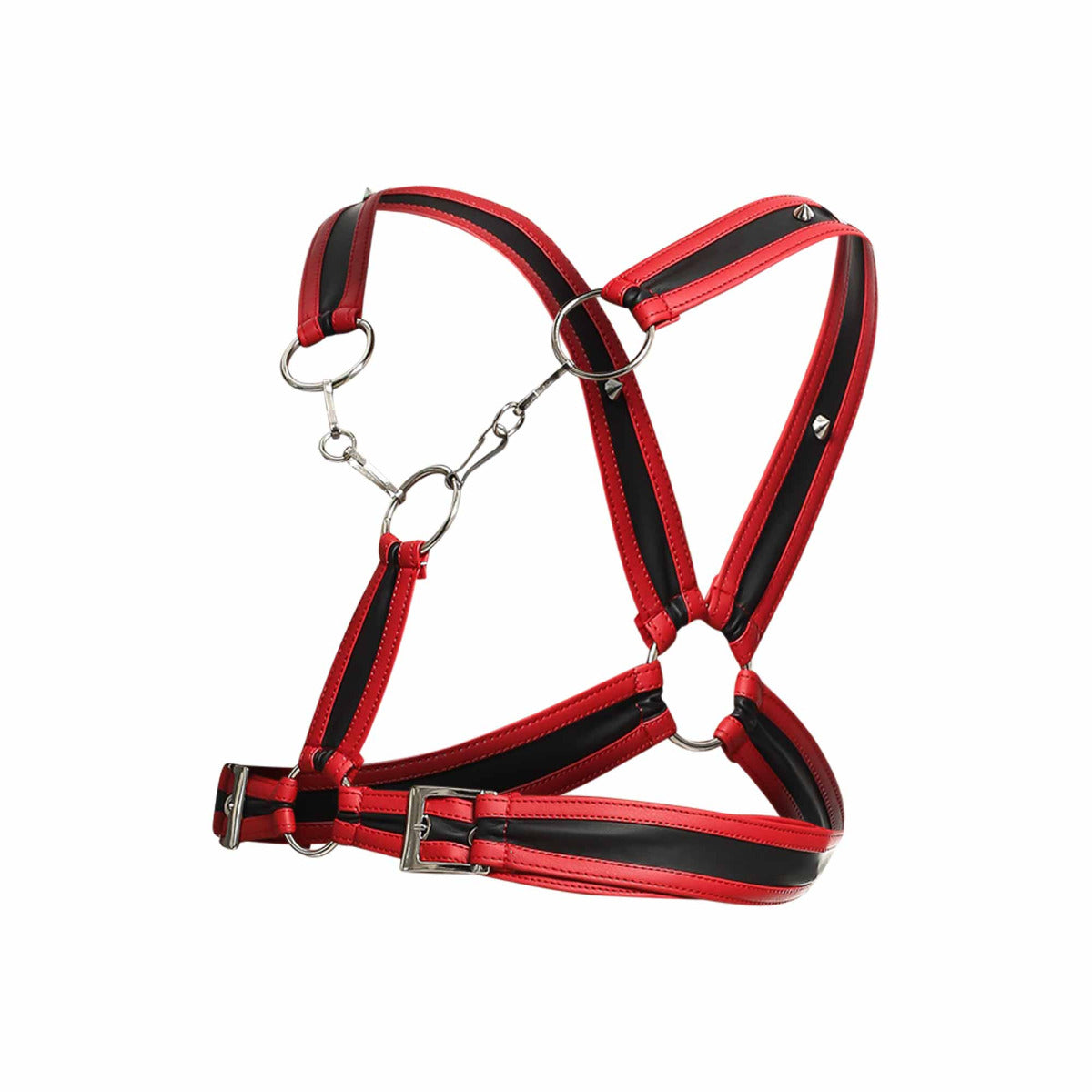 Cross Chain Harness in faux leather with metal ring details, showcasing a modern design inspired by Canadian aesthetics.