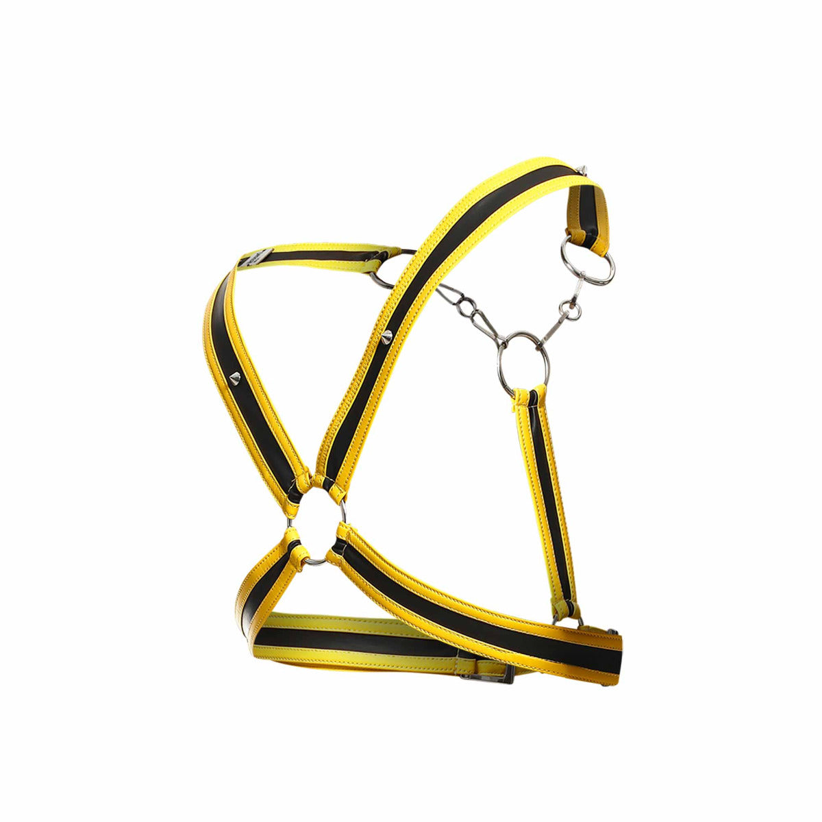 Cross Chain Harness in faux leather with metal ring details, showcasing a modern design inspired by Canadian aesthetics.