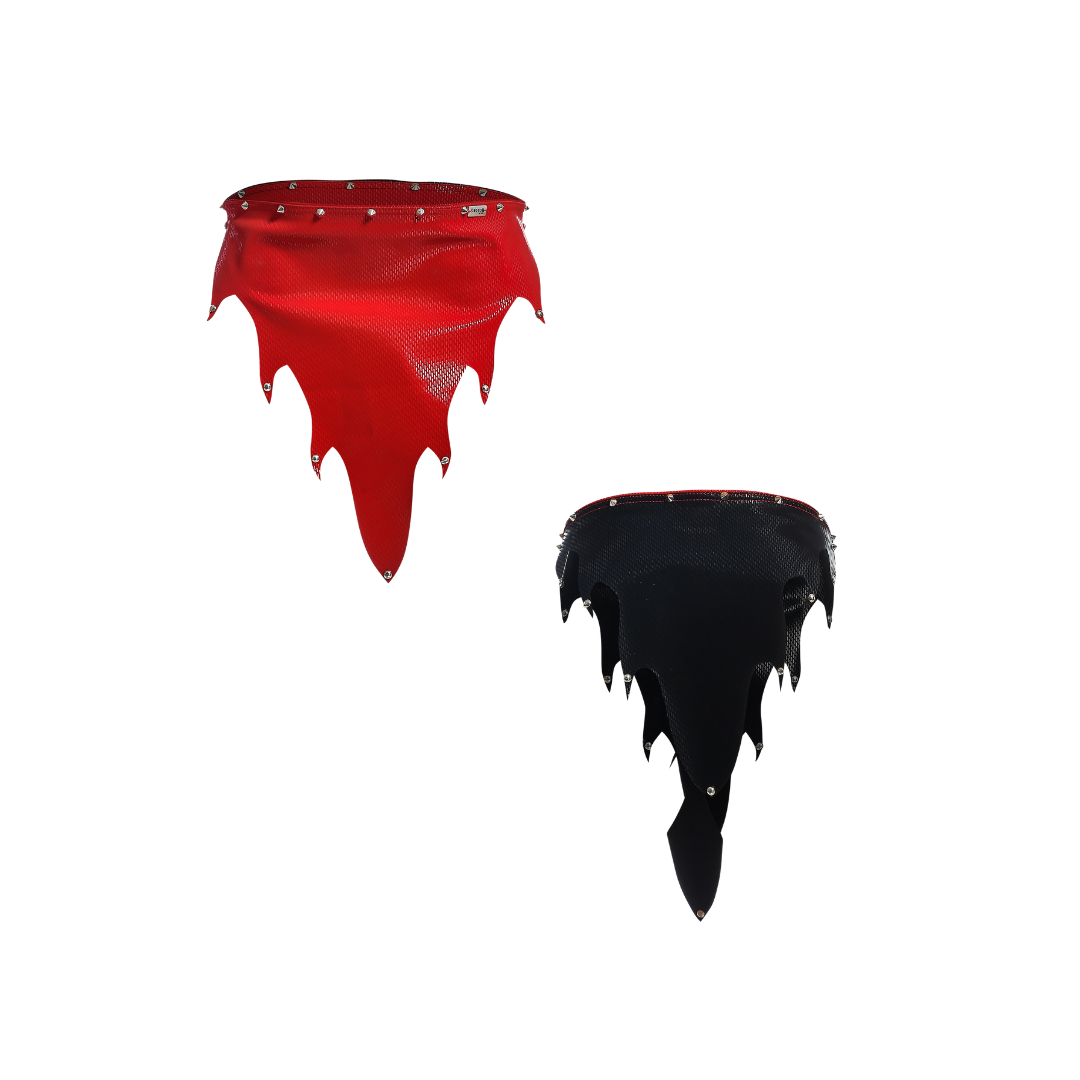 FIRE SKIRT by DNGEON, a stunning faux leather skirt showcasing exquisite craftsmanship and bold design, perfect for daring fashion statements.