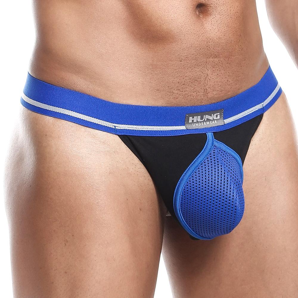 Hung HGU005 Zoom Pouch thong underwear in black with a unique contour pouch design, showcasing its soft fabric and slender belt.