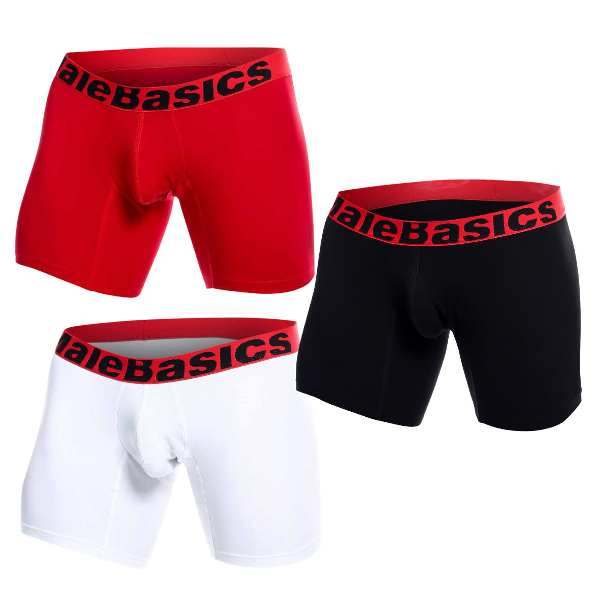 MaleBasics 3-Pack Boxer Briefs in black, white, and red with contrasting waistband lettering, showcasing a stylish and supportive design.