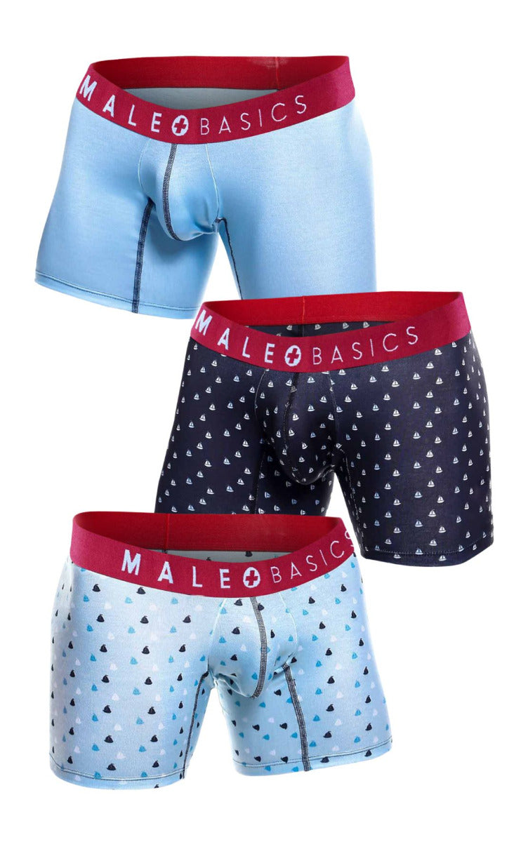 MaleBasics 3-Pack Boxer Brief Prints featuring unique designs including boats and marine patterns, crafted from soft viscose fabric.
