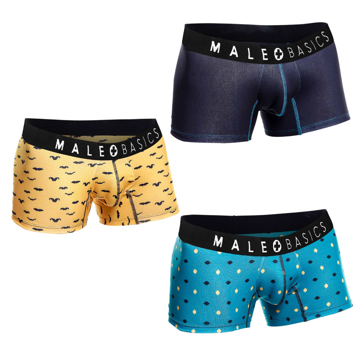 MaleBasics 3-Pack Trunk Stache featuring three stylish designs in breathable cotton blend fabric.