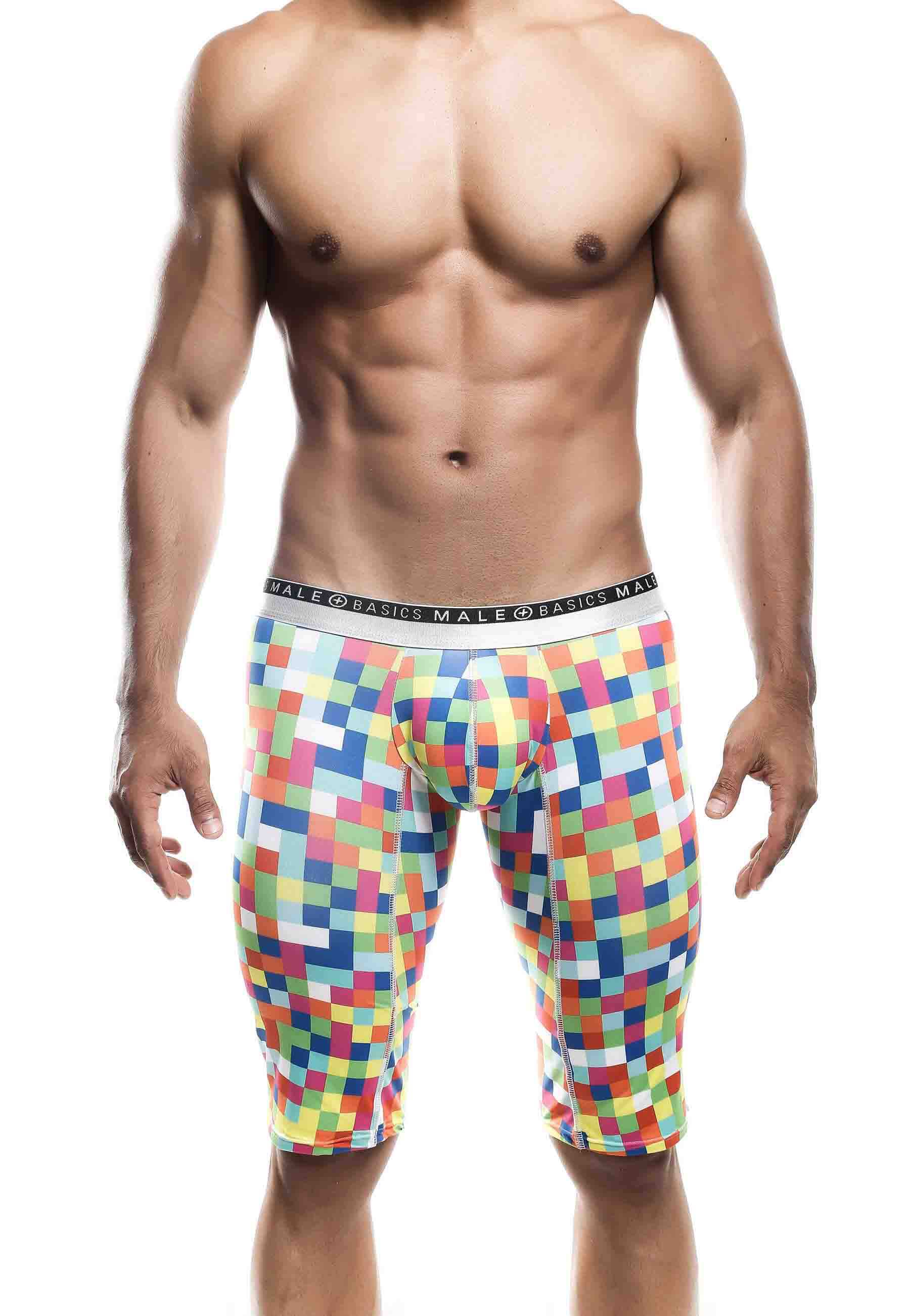 Malebasics Athletic New Hipster Boxer Brief MB204 featuring retro-car and pixel prints, made from soft polyester and spandex blend.