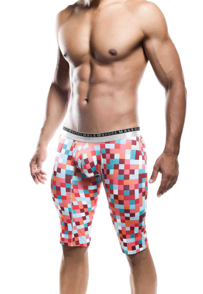 Malebasics Athletic New Hipster Boxer Brief MB204 featuring retro-car and pixel prints, made from soft polyester and spandex blend.