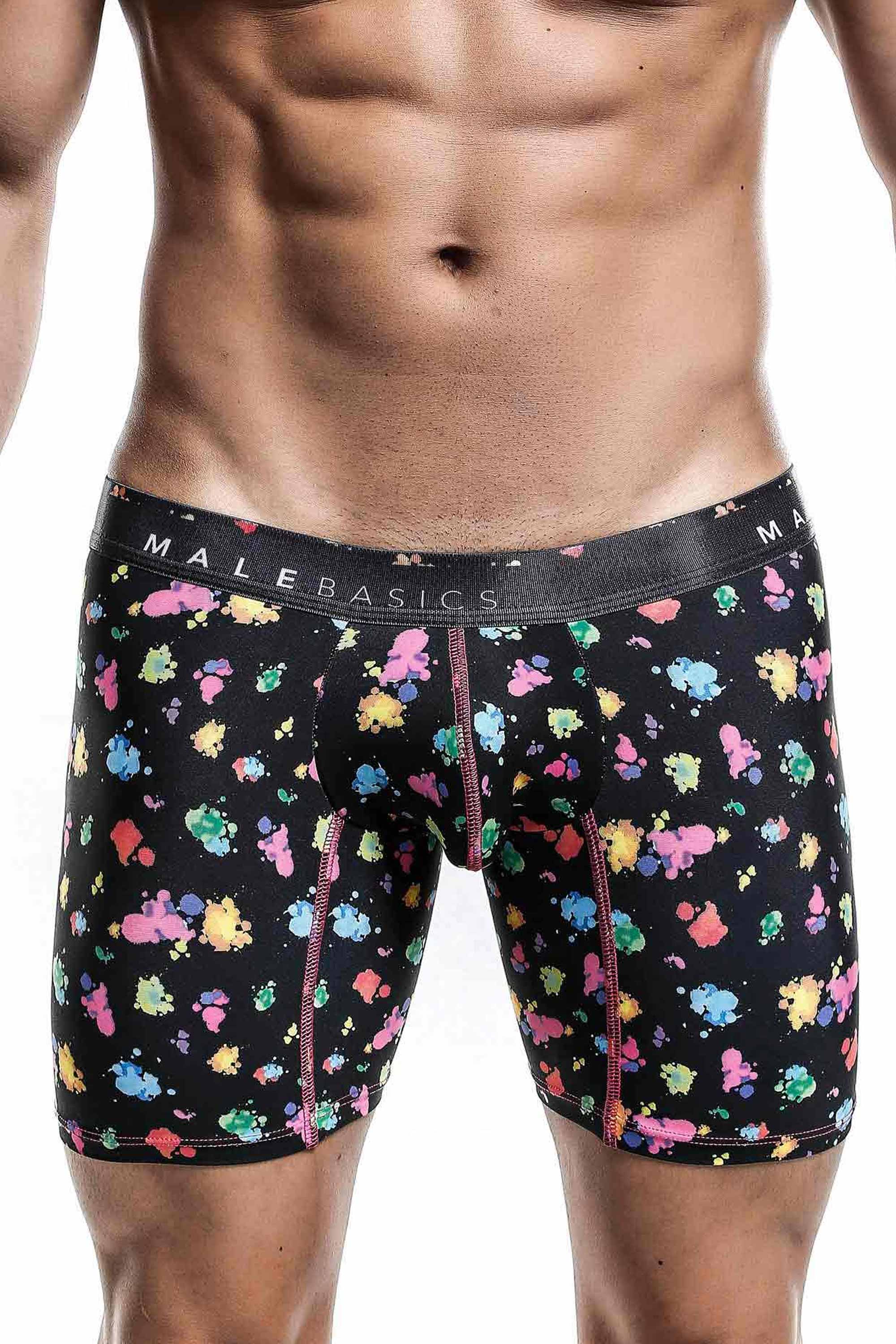 Malebasics Boxer Brief Hipster in Black Splash, showcasing a sleek design and luxurious fabric blend.