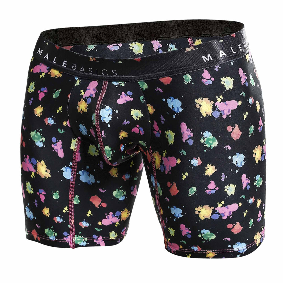 Malebasics Boxer Brief Hipster in Black Splash, showcasing a sleek design and luxurious fabric blend.