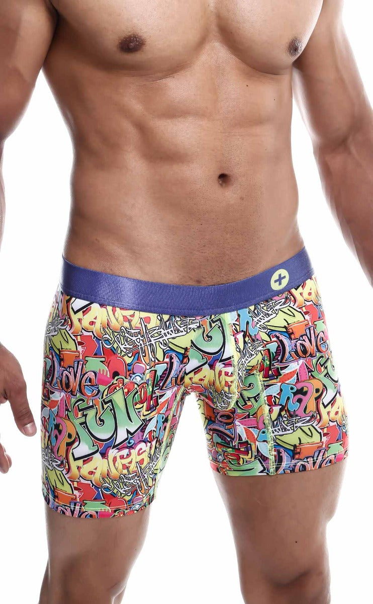 MaleBasics Hipster Boxer Briefs featuring vibrant comic patterns, made from luxurious microfiber and lycra for ultimate comfort.