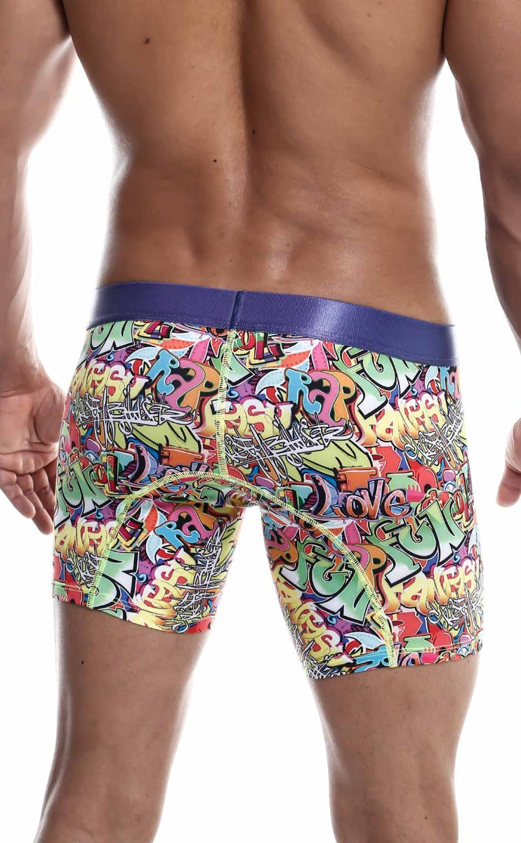 MaleBasics Hipster Boxer Briefs featuring vibrant comic patterns, made from luxurious microfiber and lycra for ultimate comfort.