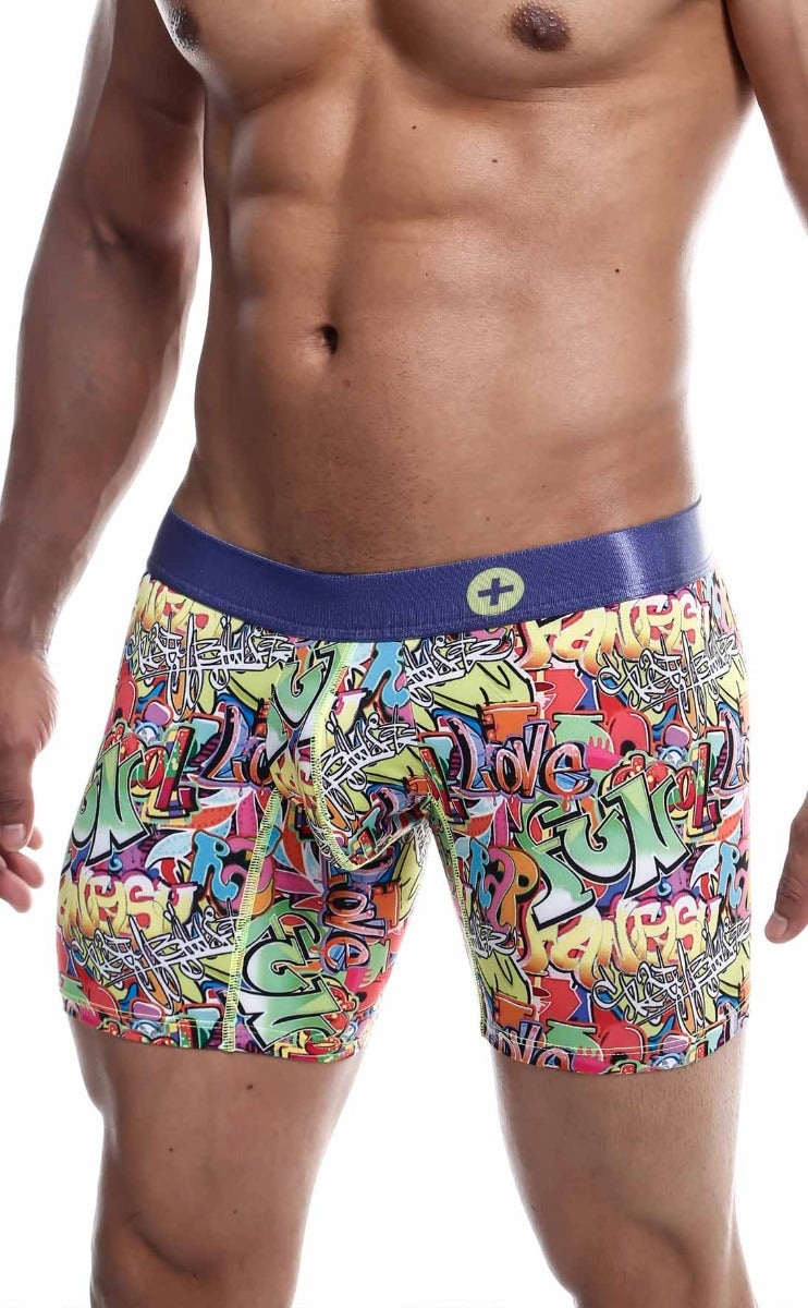MaleBasics Hipster Boxer Briefs featuring vibrant comic patterns, made from luxurious microfiber and lycra for ultimate comfort.