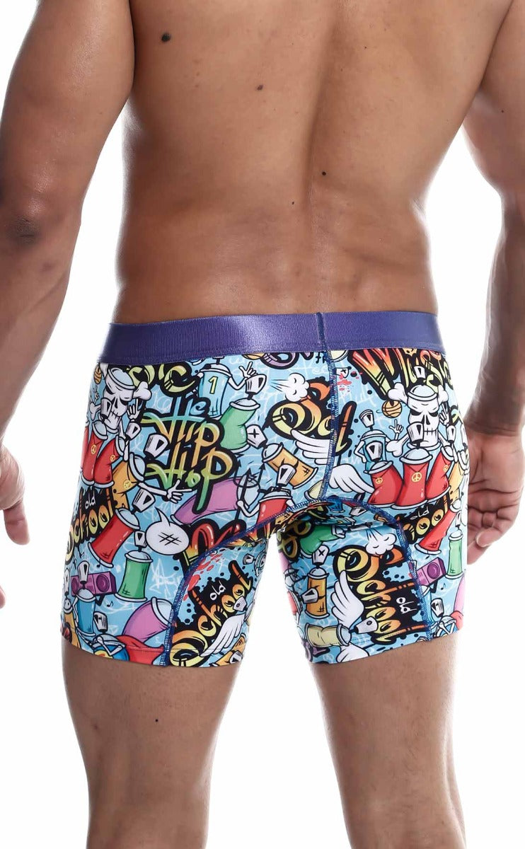 MaleBasics Hipster Boxer Briefs featuring vibrant comic patterns, made from luxurious microfiber and lycra for ultimate comfort.