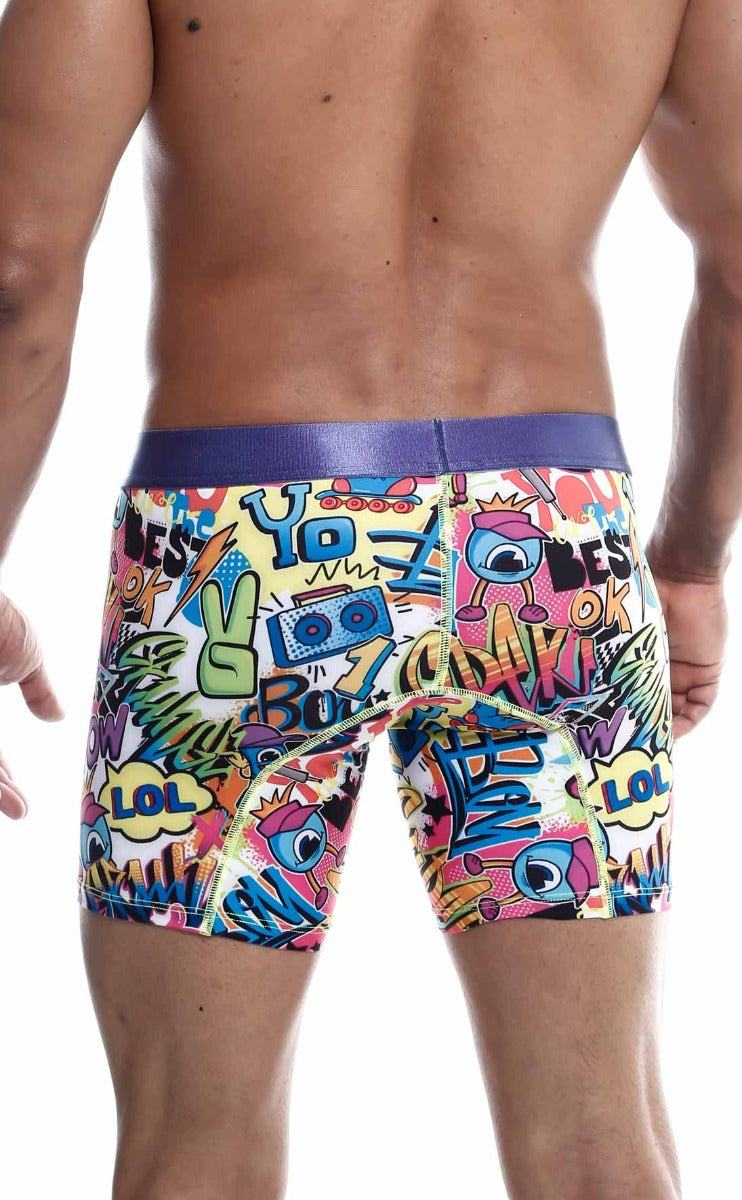 MaleBasics Hipster Boxer Briefs featuring vibrant comic patterns, made from luxurious microfiber and lycra for ultimate comfort.