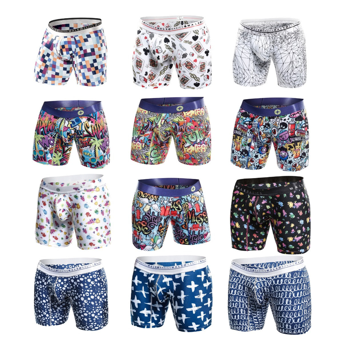 MaleBasics Hipster Boxer Briefs featuring vibrant comic patterns, made from luxurious microfiber and lycra for ultimate comfort.