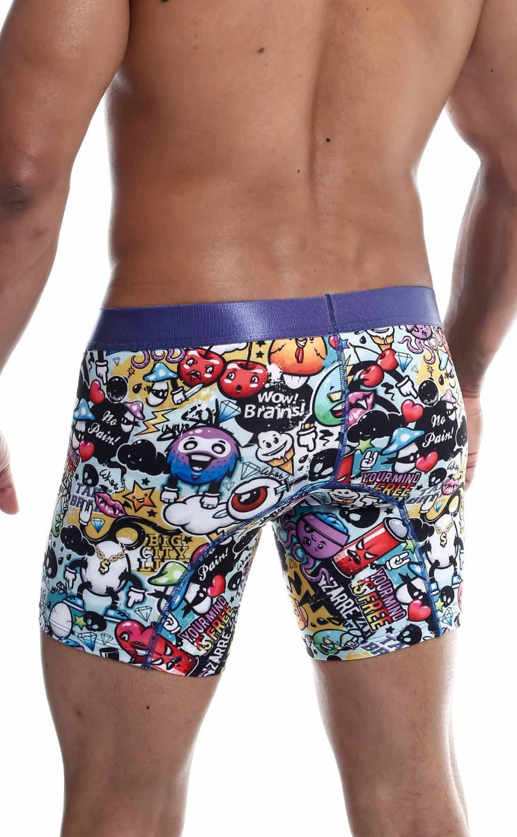 MaleBasics Hipster Boxer Briefs featuring vibrant comic patterns, made from luxurious microfiber and lycra for ultimate comfort.