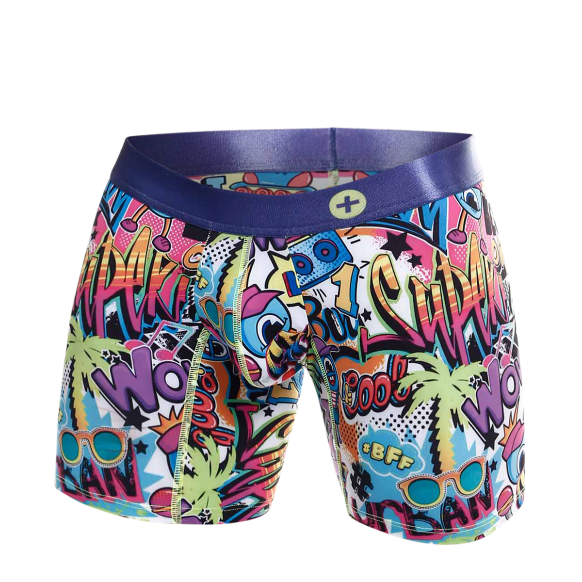 MaleBasics Hipster Boxer Briefs featuring vibrant comic patterns, made from luxurious microfiber and lycra for ultimate comfort.