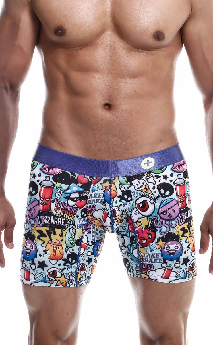 MaleBasics Hipster Boxer Briefs featuring vibrant comic patterns, made from luxurious microfiber and lycra for ultimate comfort.