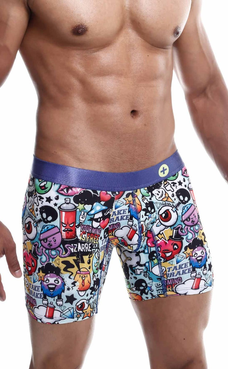 MaleBasics Hipster Boxer Briefs featuring vibrant comic patterns, made from luxurious microfiber and lycra for ultimate comfort.