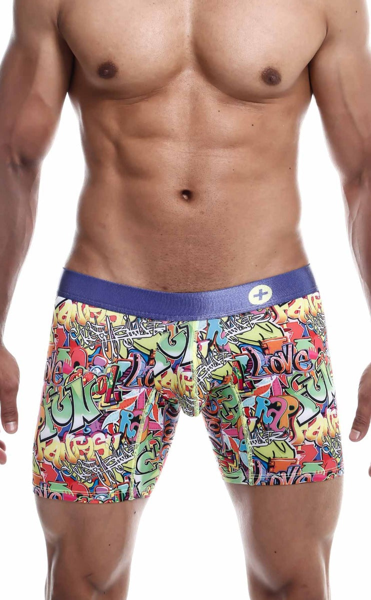 MaleBasics Hipster Boxer Briefs featuring vibrant comic patterns, made from luxurious microfiber and lycra for ultimate comfort.