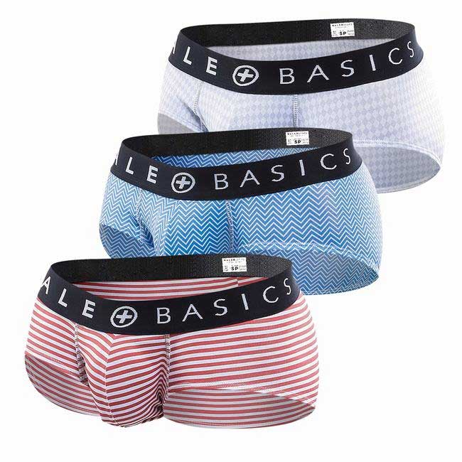 MaleBasics Men's Brief 3-Pack featuring black, white, and red colors with a comfortable waistband and soft fabric.