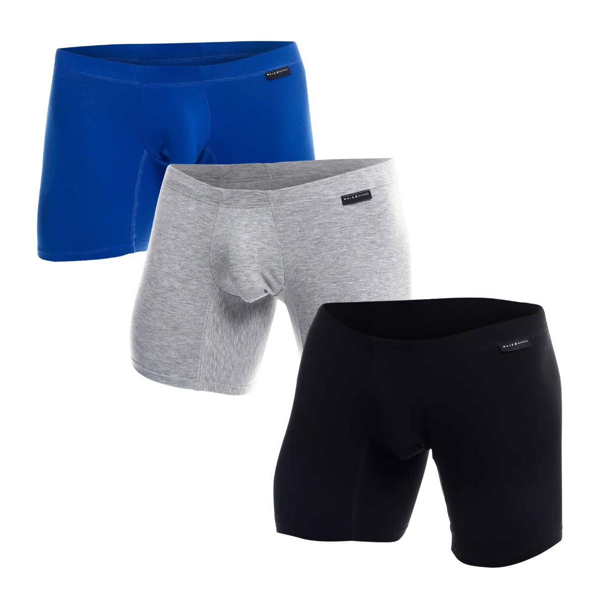 MaleBasics Silver + Boxer Brief in black, gray, and royal colors, showcasing the soft fabric and comfortable waistband.