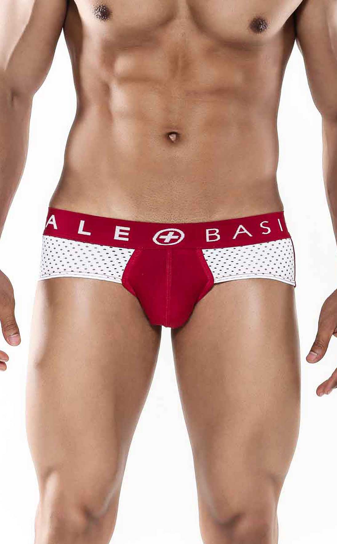 MaleBasics Spot Brief in Red featuring a low-rise cut, cotton front, and mesh detailing for a stylish and comfortable fit.