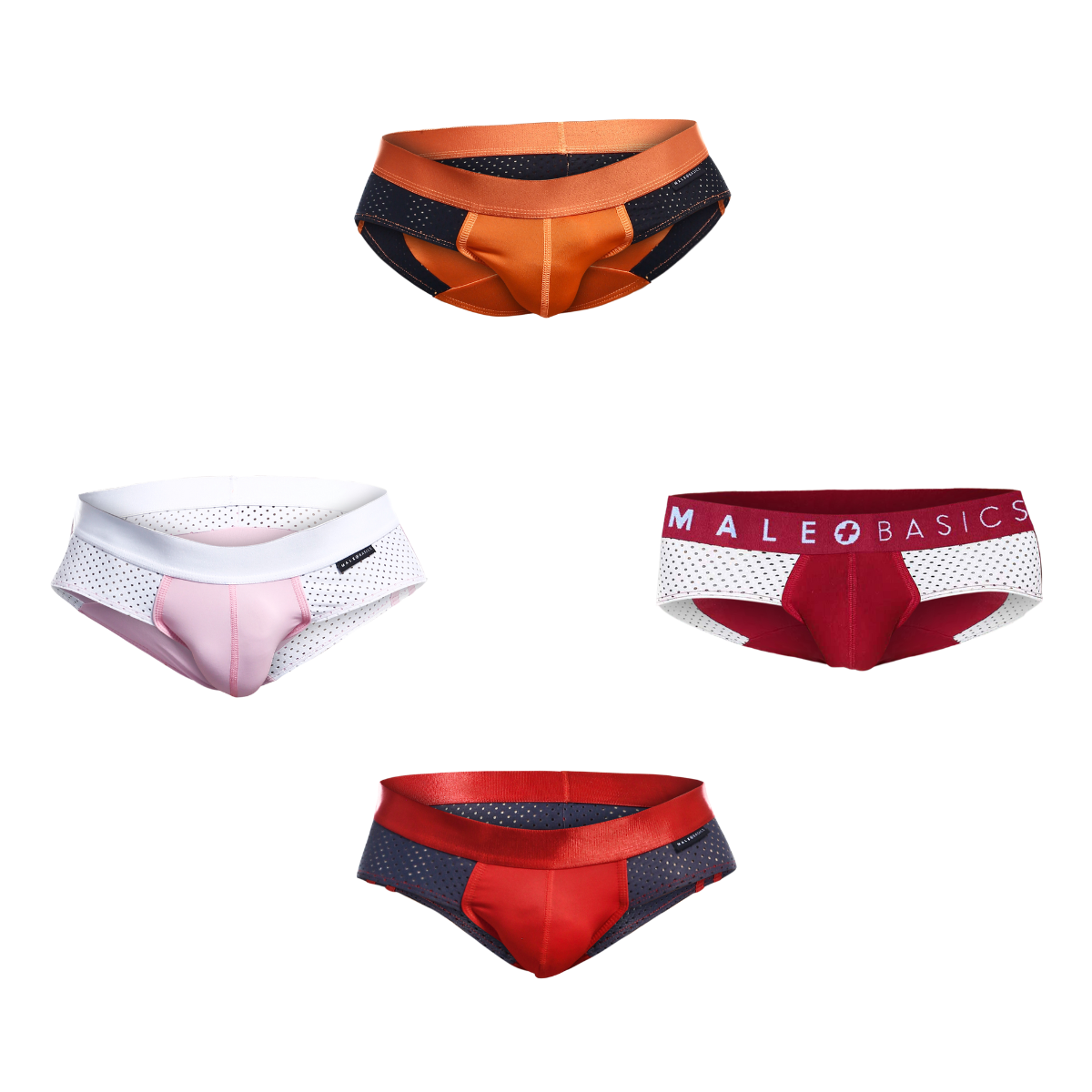 MaleBasics Spot Brief in Red featuring a low-rise cut, cotton front, and mesh detailing for a stylish and comfortable fit.