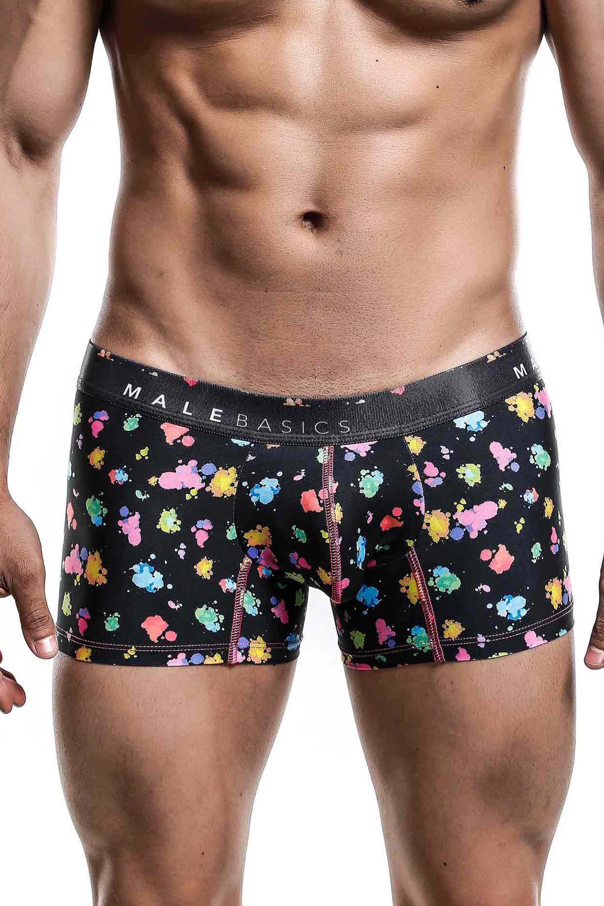 Mens Trunk Hipster Black Splash by Malebasics featuring a colorful splash design, made from breathable polyester and spandex for ultimate comfort.